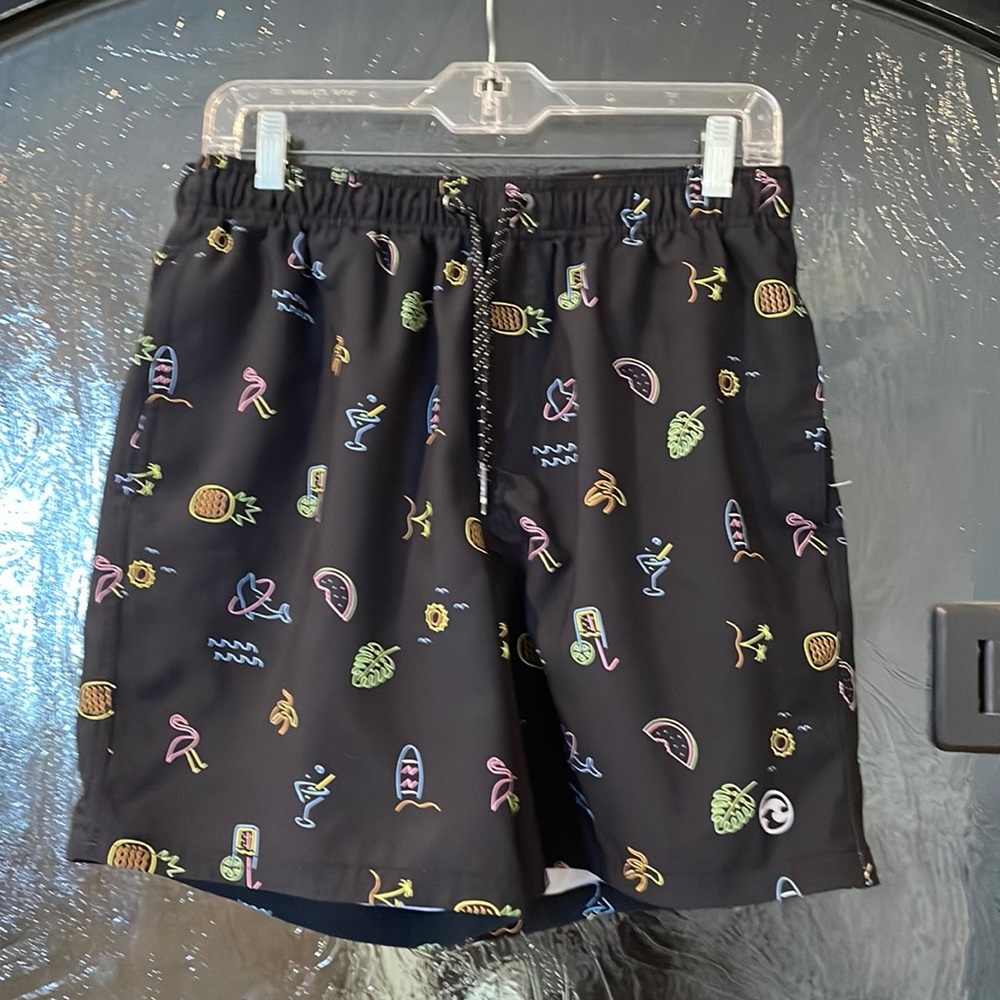 Ocean current men's swim trunks size large. Black with neon beach designs.